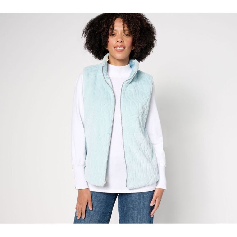 Studio Park Women's Jacket Sz S Faux Fur Zip Front Vest Blue A694937